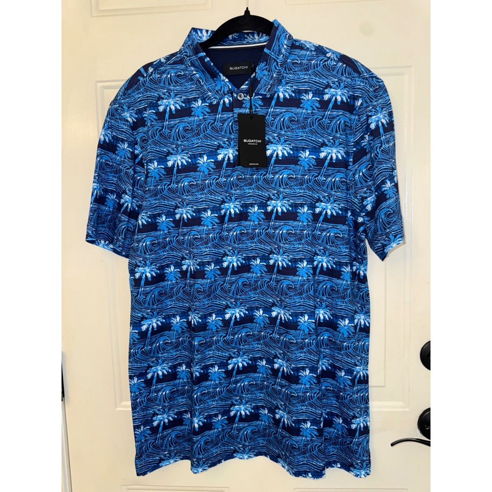 Bugatchi Mens Polo Shirt Classic Blue Palm Tree Wave Print BF4531F21 Size L NWT